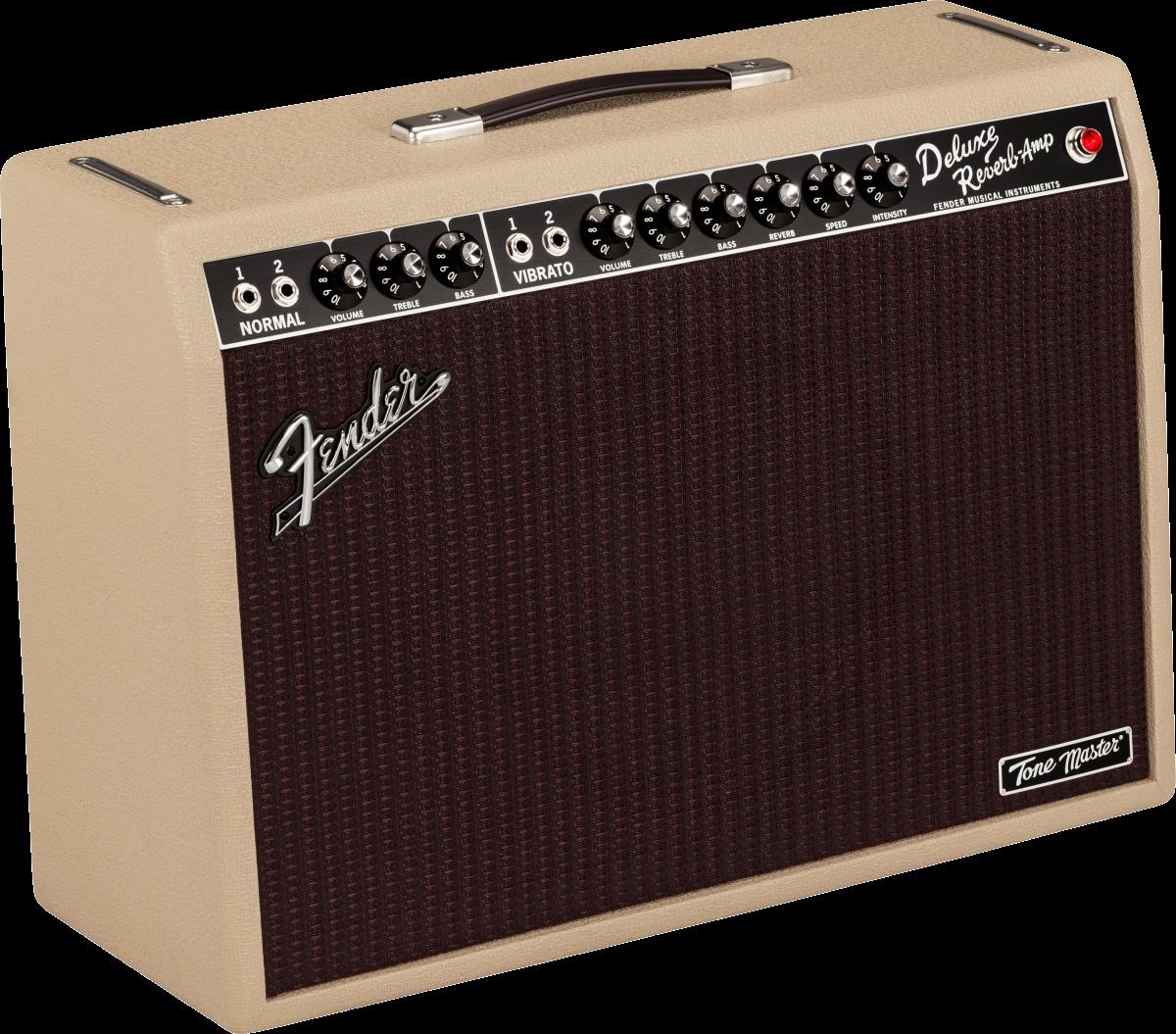 Fender Tone Master Deluxe Reverb blonde guitar amplifier with vintage-style control panel and silver grille cloth.