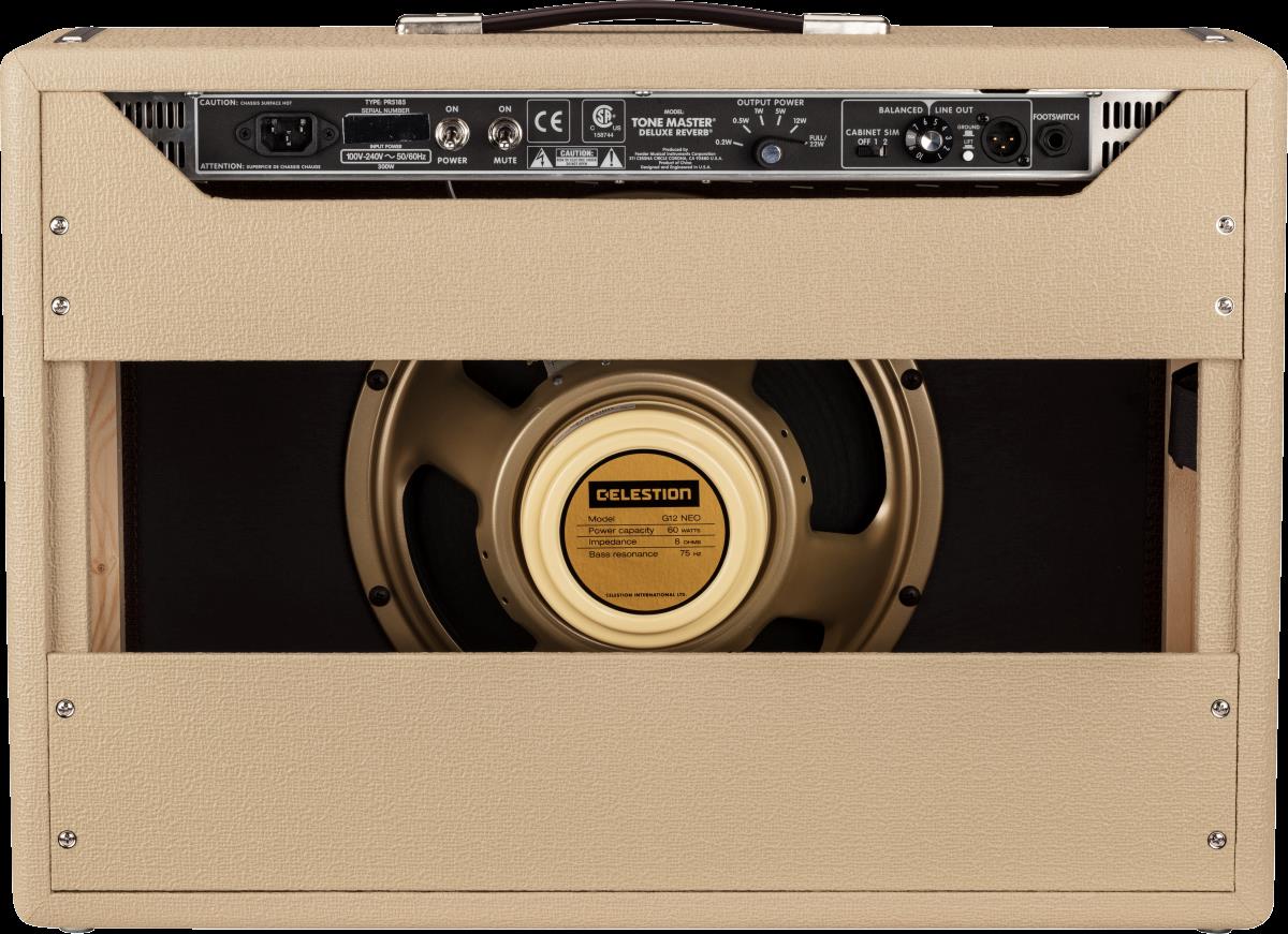 Fender Tone Master Deluxe Reverb blonde guitar amplifier with vintage-style control panel and silver grille cloth.