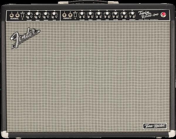 Fender Tone Master Twin Reverb combo amplifier for electric guitars with vintage design and control knobs, black finish.