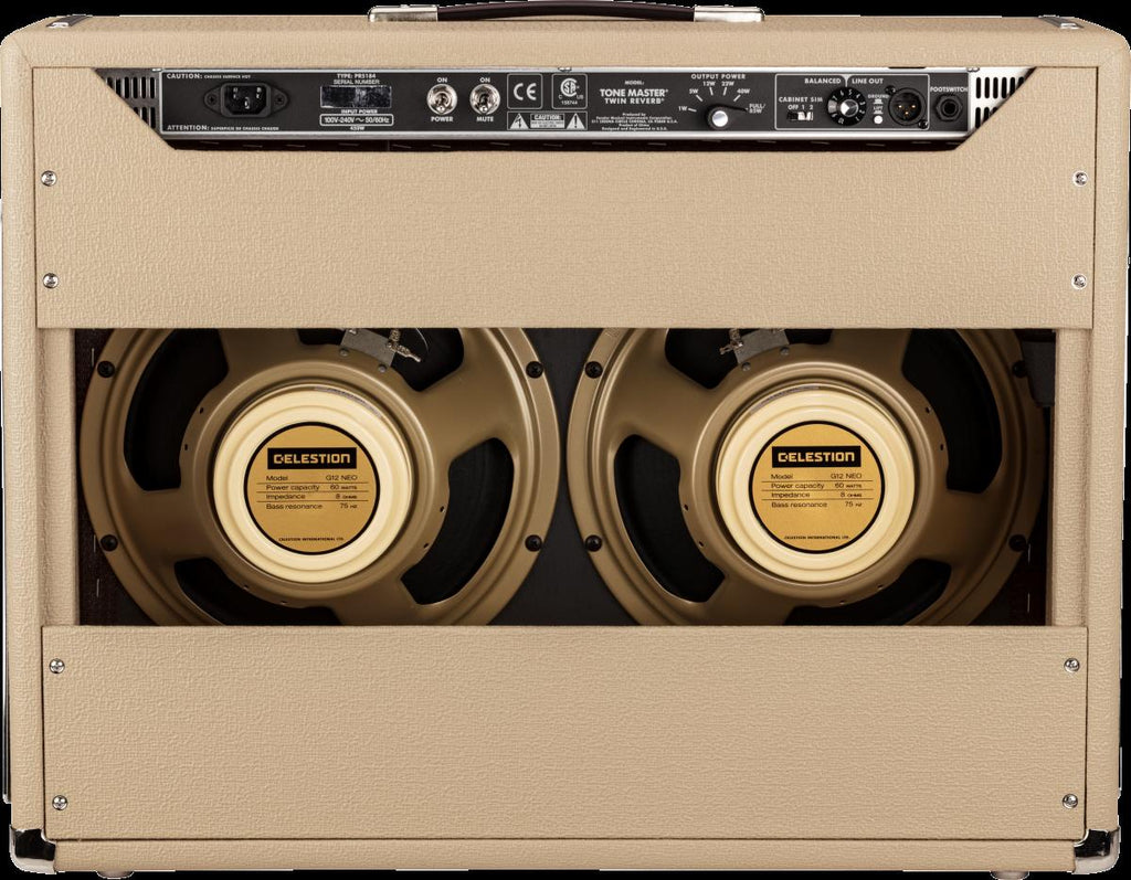 Fender Tone Master Twin Reverb Blonde guitar amplifier with control knobs and speaker grille, showcasing a sleek vintage design