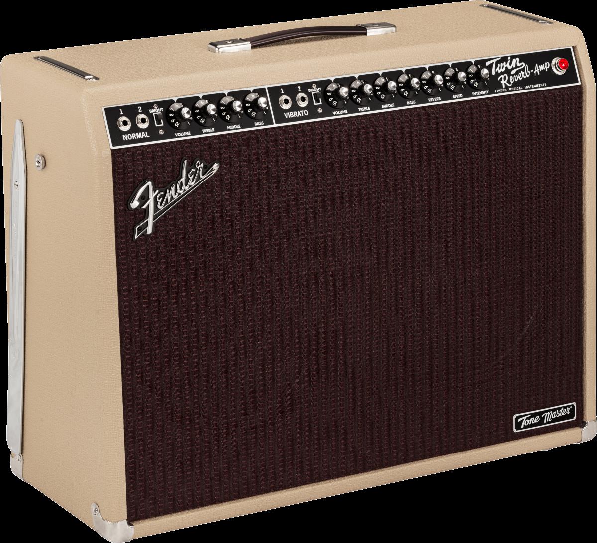 Fender Tone Master Twin Reverb Blonde guitar amplifier with silver control panel and vintage-style speaker grille.
