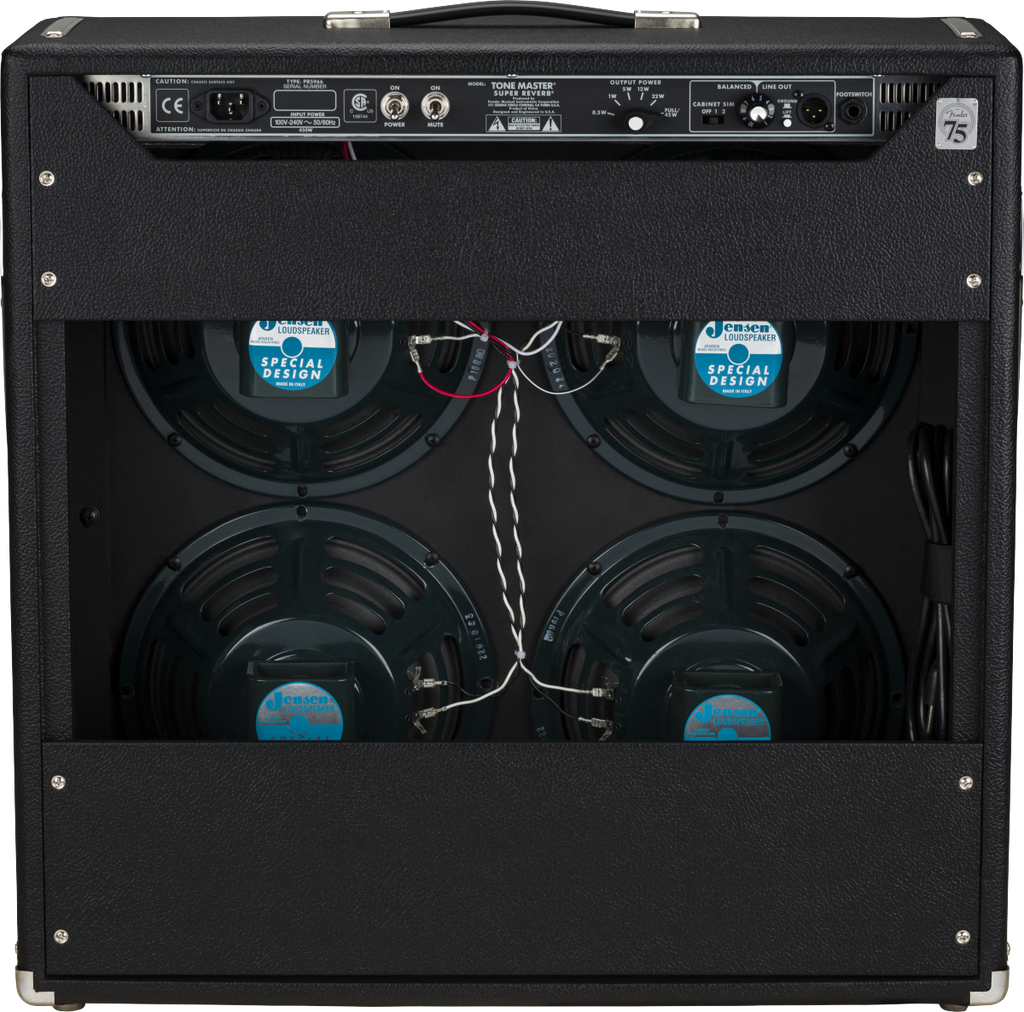 Fender Tone Master Super Reverb combo guitar amplifier with control knobs and speaker grille, black finish, for electric guitar.