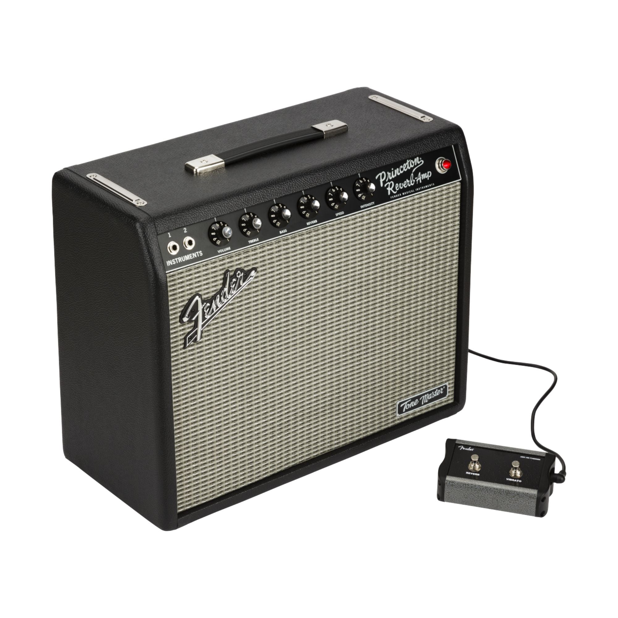 Fender Tone Master Princeton Reverb 50W guitar combo amplifier with a 10-inch speaker, black control panel, and vintage-style design.