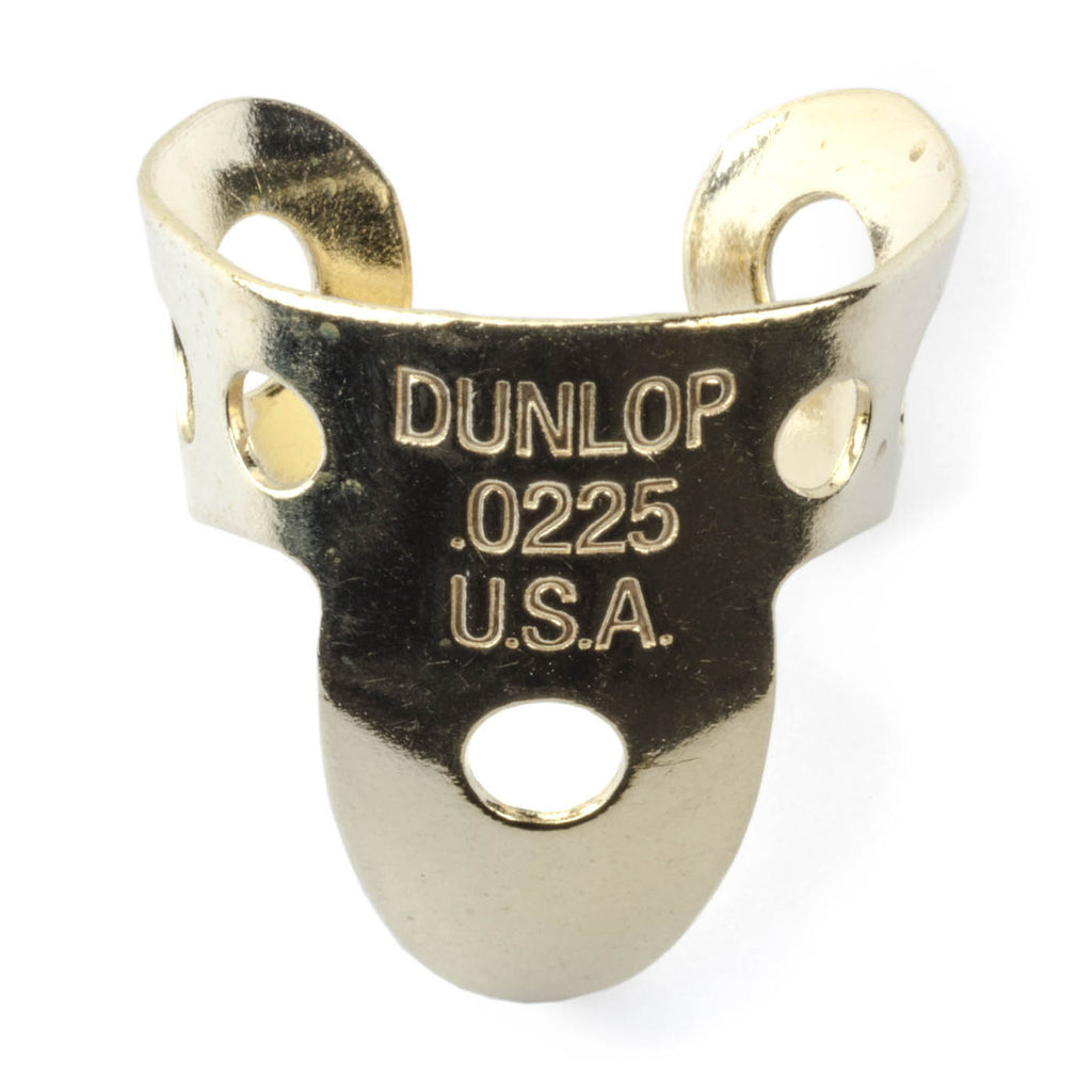 Dunlop brass finger pick for guitar, .0225 inch thickness, showing the shiny brass material and ergonomic design for string picking.