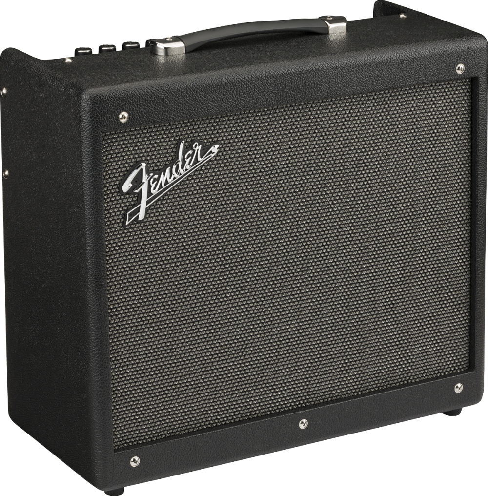 Fender Mustang GTX50 50W guitar combo amplifier with a 12-inch speaker and built-in effects, shown with control panel and vintage design.