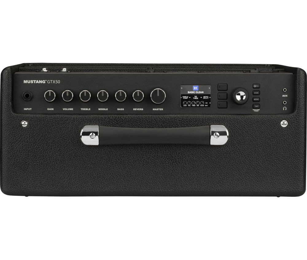 Fender Mustang GTX50 50W guitar combo amplifier with 1x12" speaker and built-in effects, shown with control panel and inputs.