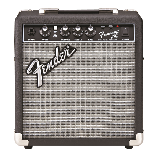 Fender Frontman 10G guitar amplifier combo with control knobs and speaker grille, compact and portable for electric guitar playing.