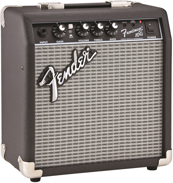 Fender Frontman 10G guitar amplifier with control knobs and speaker grille, compact electric guitar amp for practice and small gigs.