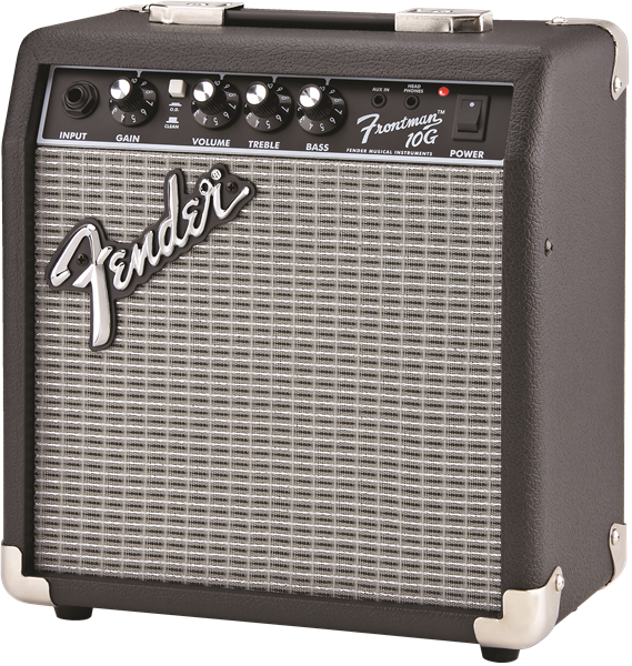 Fender Frontman 10G guitar combo amplifier with control knobs and speaker grille, designed for practice and small performances.