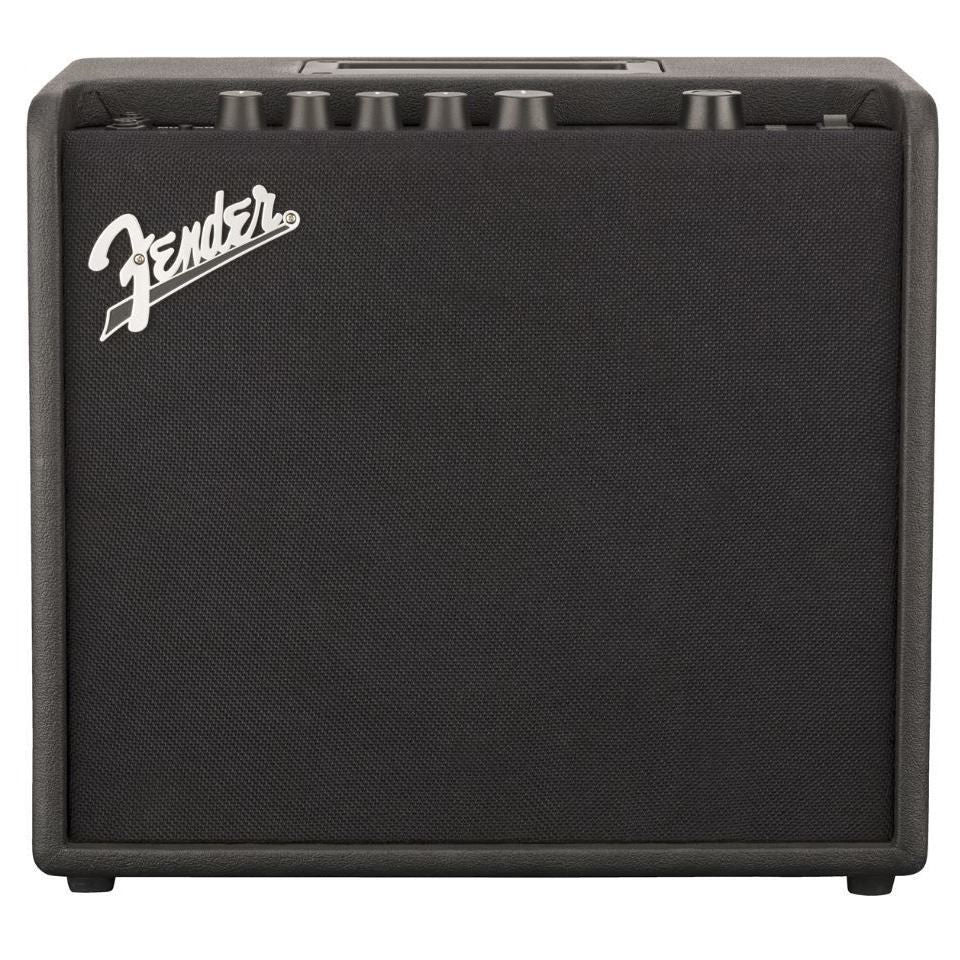 Fender Mustang LT25 25W guitar combo amplifier with 1x8" speaker and built-in effects, shown with control panel and input jack.
