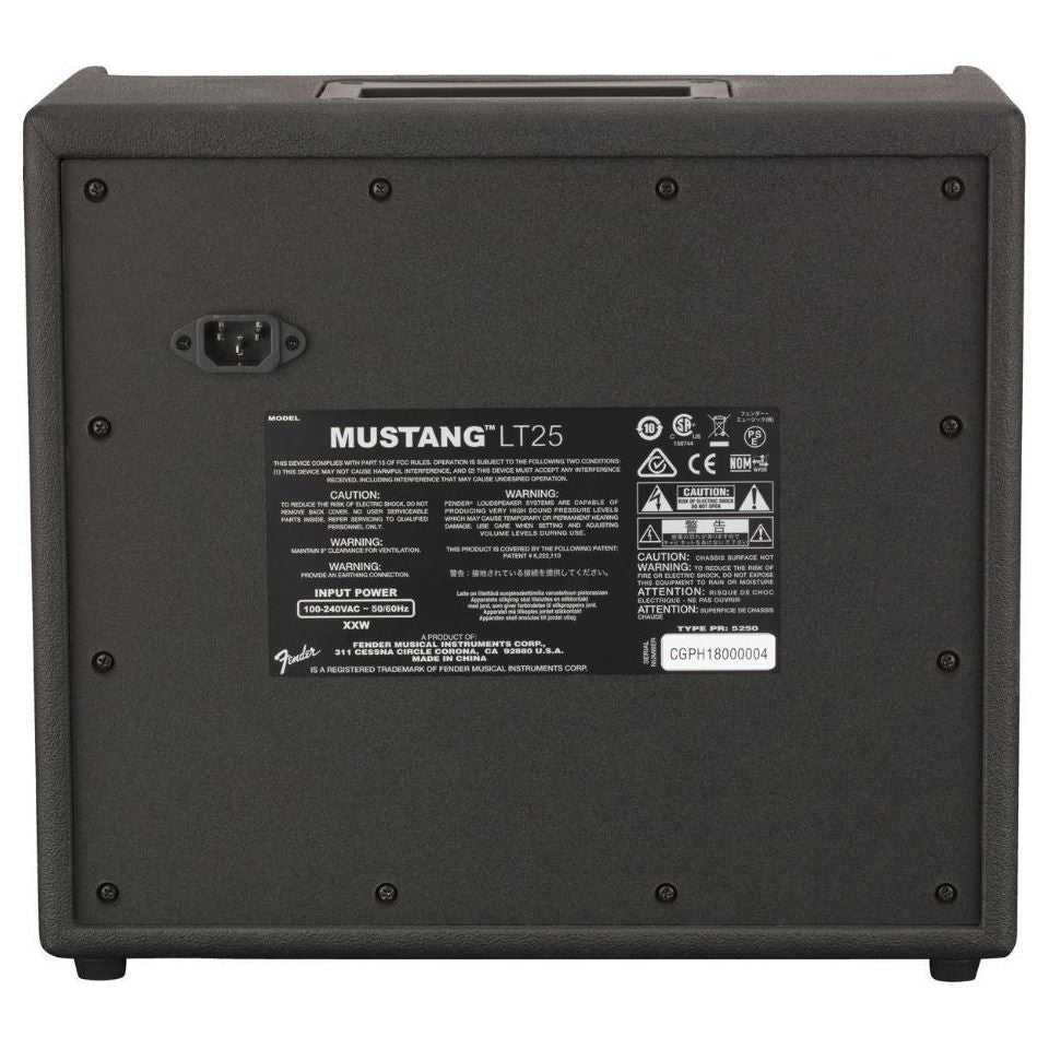 Fender Mustang LT25 25W 1x8" guitar combo amplifier with control panel and built-in effects, designed for electric guitar players.