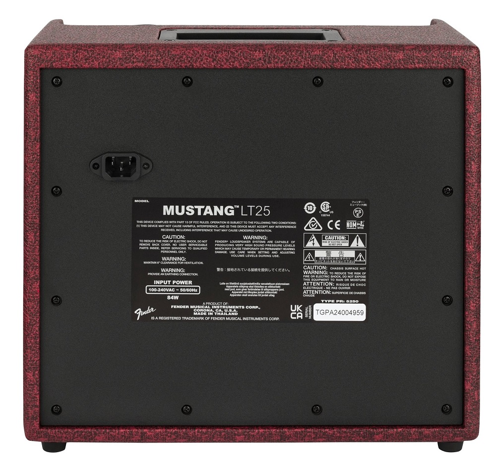 Fender Mustang LT25 25W guitar combo amp with 8-inch speaker, effects, in wine red color, showcasing front panel controls.