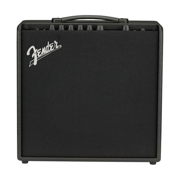 Fender Mustang LT50 1x12" 50W modeling guitar combo amplifier with control panel and speaker grill visible.