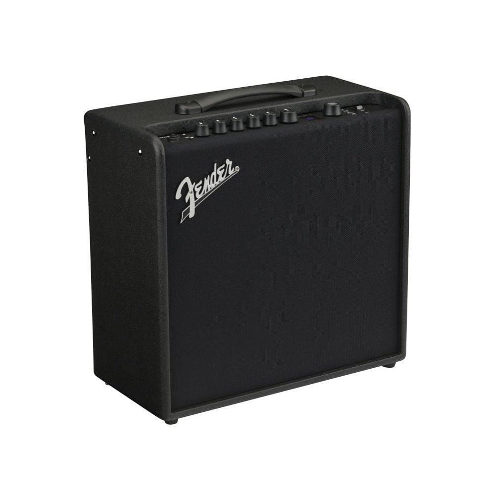 Fender Mustang LT50 1x12" 50W modeling guitar combo amplifier with control panel and speaker grille visible.