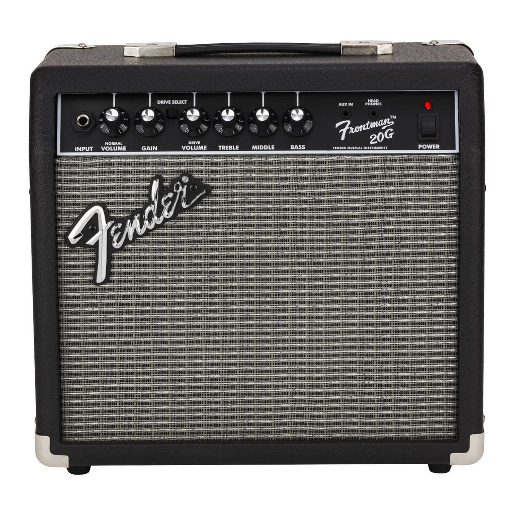 Fender Frontman 20G guitar combo amplifier with 8-inch speaker, compact design, and control knobs on the front panel.