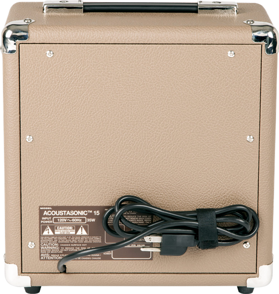 Fender Acoustasonic 15W acoustic guitar combo amplifier with a 6-inch speaker, compact design, and control panel on top.