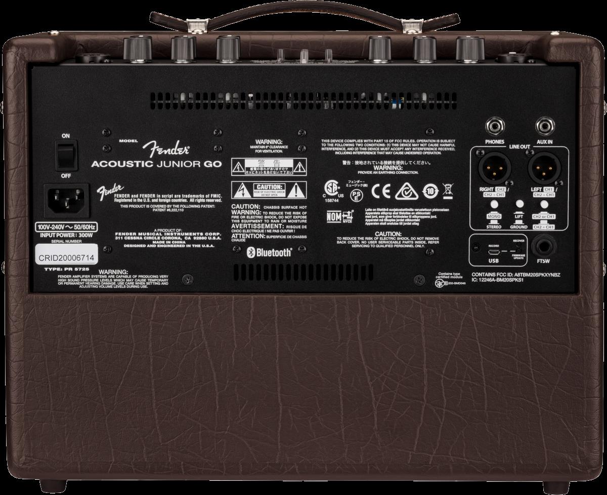 Fender Acoustic Junior GO amplifier for acoustic guitars, compact and portable with controls and input jacks visible.