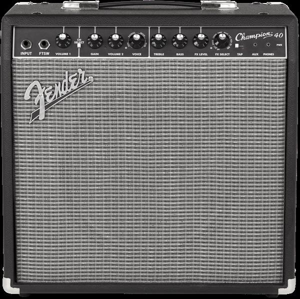 Fender Champion 40W guitar combo amplifier with a 12-inch speaker, black control panel, and clean design.