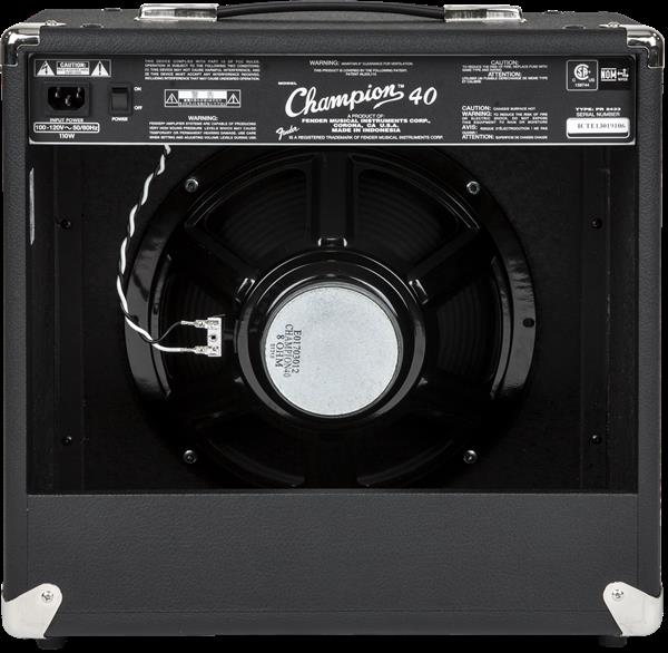 Fender Champion 40W 1x12" guitar combo amplifier with control knobs and speaker grille, ideal for electric guitar practice and performance.