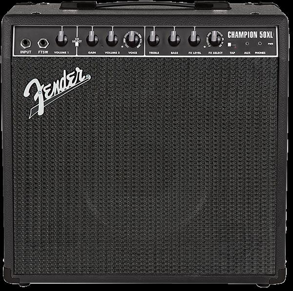 Fender Champion 50XL guitar amplifier with control knobs and speaker grille, black and silver finish.