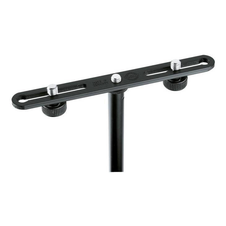 K&M 23550 stereo microphone stand with adjustable arms and mounting brackets, designed for professional audio setups.