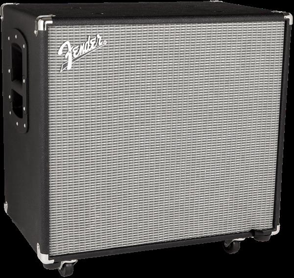 Fender Rumble 115 bass amplifier speaker cabinet with black grille and control panel, designed for musical performances.