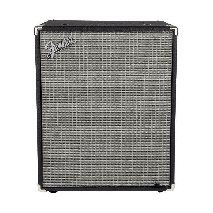 Fender Rumble 210 bass amplifier cabinet with two 10-inch speakers and control panel on top, black finish.
