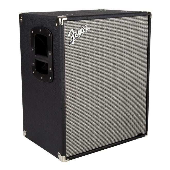 Fender Rumble 210 bass amplifier cabinet with two speaker drivers and durable black casing, designed for bass guitar amplification.