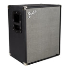 Fender Rumble 210 bass amplifier cabinet with two speaker drivers and durable black casing, designed for bass guitar amplification.