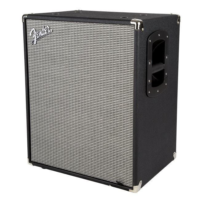 Fender Rumble 210 bass amplifier cabinet with two 10-inch speakers and control panel, designed for bass guitar amplification.