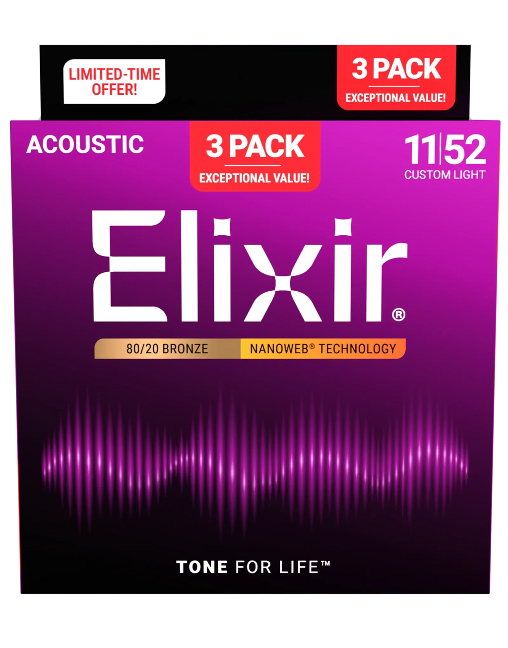 Elixir Nanoweb 80/20 11-52 acoustic guitar strings, custom light gauge, three-pack, designed for smooth play and durability.