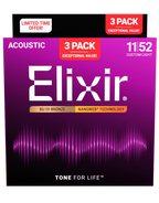 Elixir Nanoweb 80/20 11-52 acoustic guitar strings, custom light gauge, three-pack, designed for smooth play and durability.