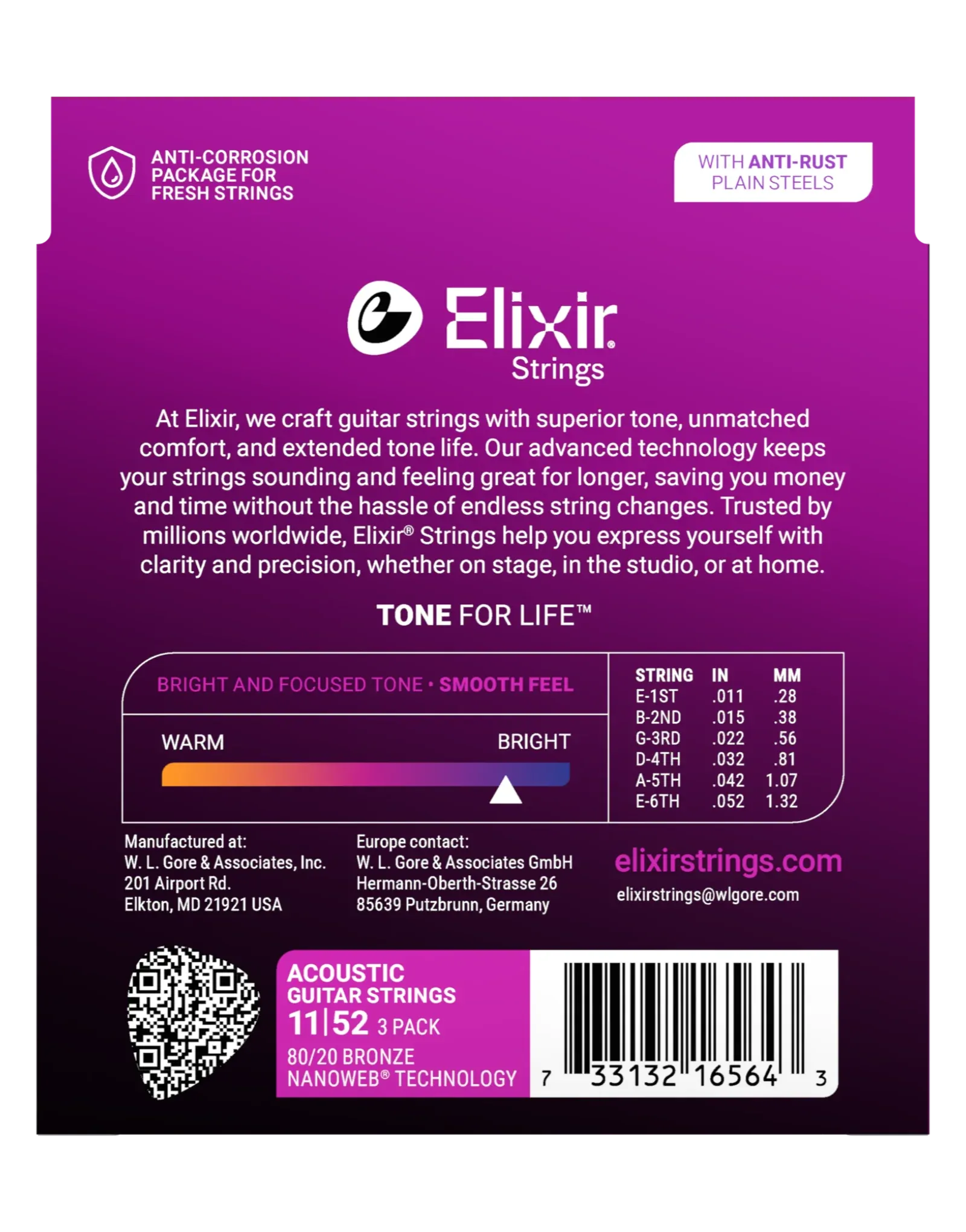 Elixir Nanoweb acoustic guitar strings set with 11-52 gauge, custom light 3-pack, suitable for acoustic guitars.