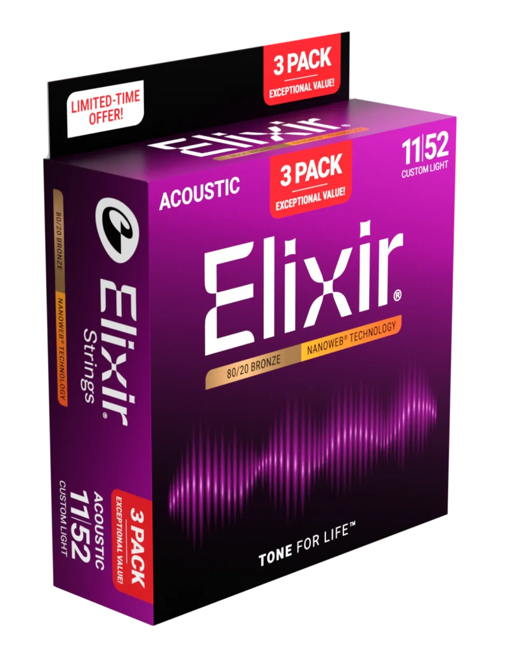 Elixir Nanoweb 80/20 acoustic guitar strings, 11-52 gauge, three-pack, lightweight custom strings on a guitar in a natural setting.