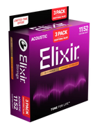 Elixir Nanoweb 80/20 acoustic guitar strings, 11-52 gauge, three-pack, lightweight custom strings on a guitar in a natural setting.
