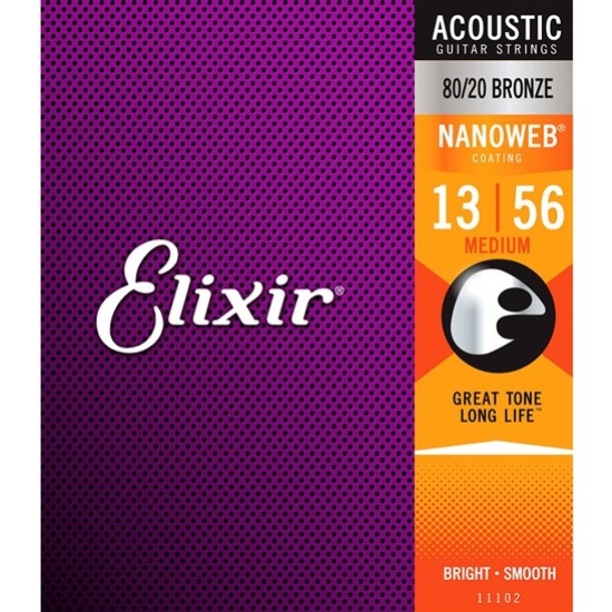 Elixir 11102 Medium Nanoweb acoustic guitar strings with clear winding and metal ball ends, designed for durable sound and playability.