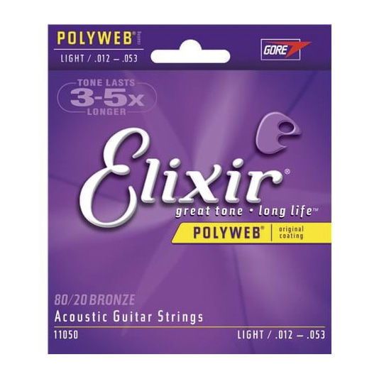 Elixir Pol Web 80/20 coated light gauge acoustic guitar strings with a shiny finish, showing the packaging and strings in a close-up shot.