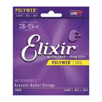 Elixir Pol Web 80/20 coated light gauge acoustic guitar strings with a shiny finish, showing the packaging and strings in a close-up shot.
