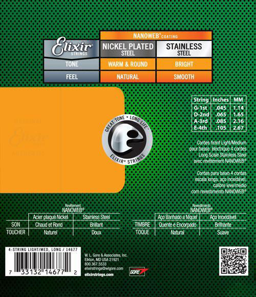 Elixir 14677 Nanoweb Medium 45-105 Stainless-Steel Bass Strings