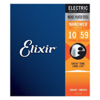 Elixir Nanoweb 7-string electric guitar strings, light heavy gauge 10-59, designed for bright tone and durability.