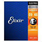 Elixir 12027 9-46 Custom Light Nanoweb electric guitar strings on a guitar neck, showcasing the thin, coated string design.