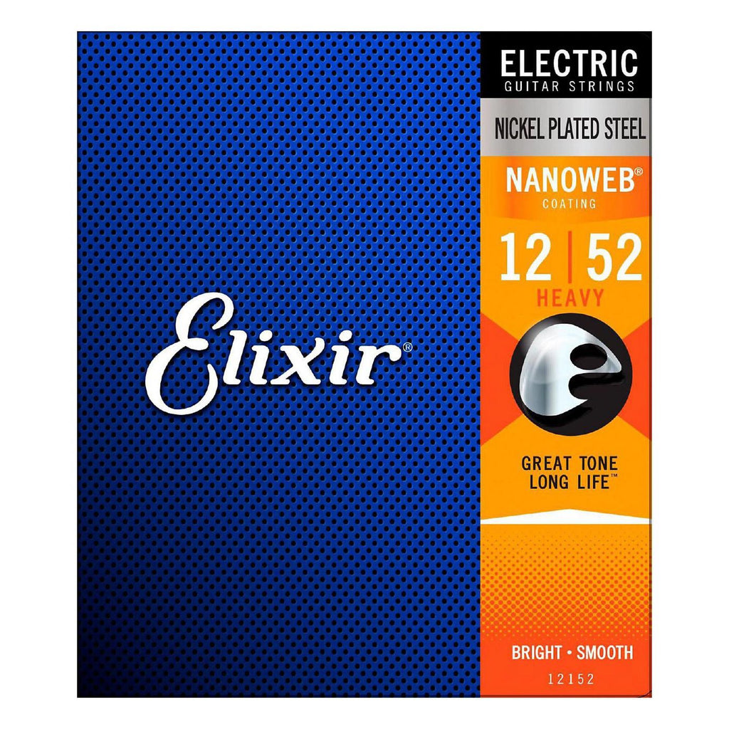 Elixir 12152 heavy Nanoweb electric guitar strings on a guitar neck, showcasing the durable, coated string set by Elixir.