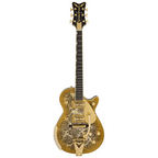 Gretsch G6134TG LTD Paisley Penguin electric guitar with ebony fretboard, gold hardware, string-thru Bigsby, and paisley design.