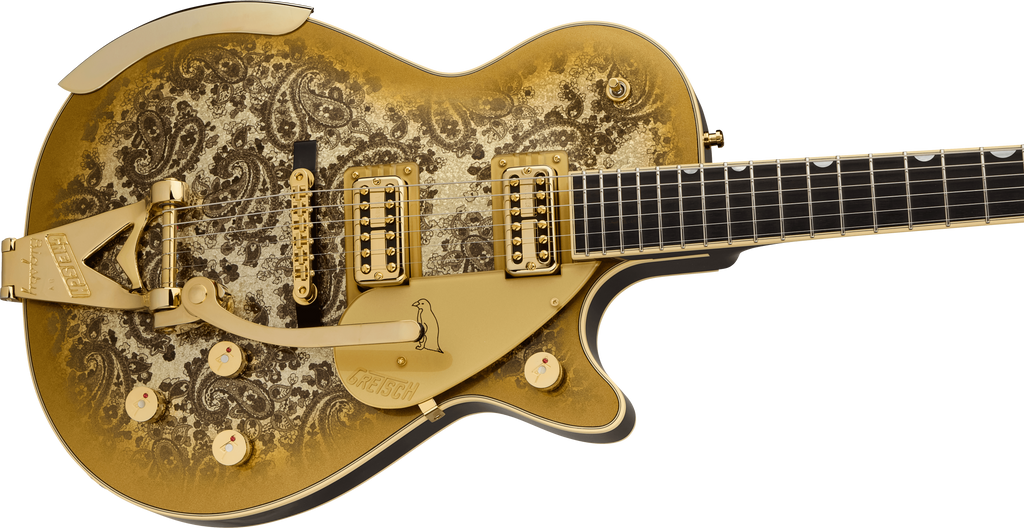 Gretsch G6134TG LTD Paisley Penguin electric guitar with ebony finish, gold hardware, string-thru Bigsby, and vintage-style pickups.