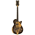 Gretsch G6134TG Limited Edition Penguin electric guitar in black paisley finish with chrome hardware and dual humbucker pickups.