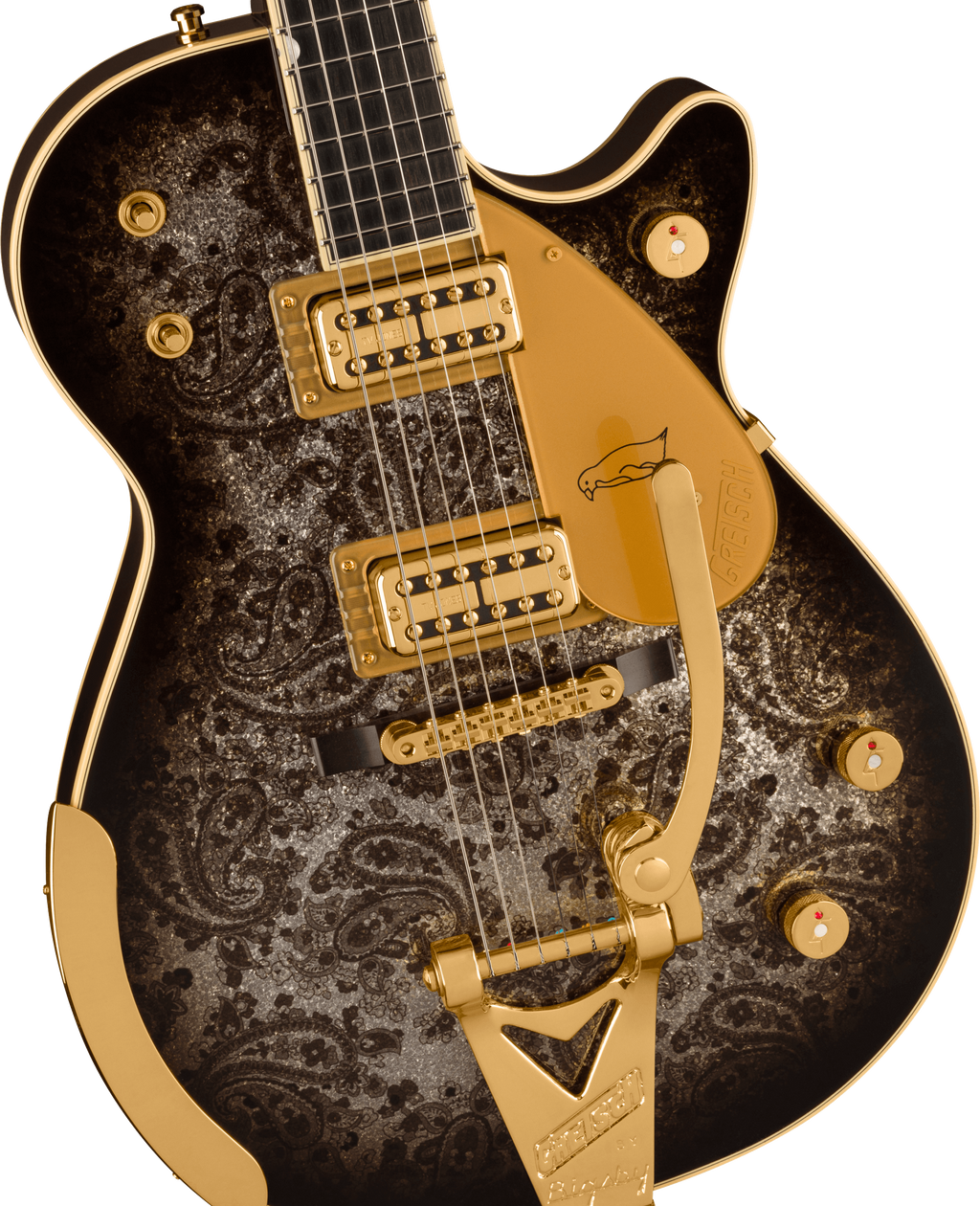 Gretsch G6134TG Limited Edition Penguin electric guitar in black paisley finish with chrome hardware and dual humbucker pickups.