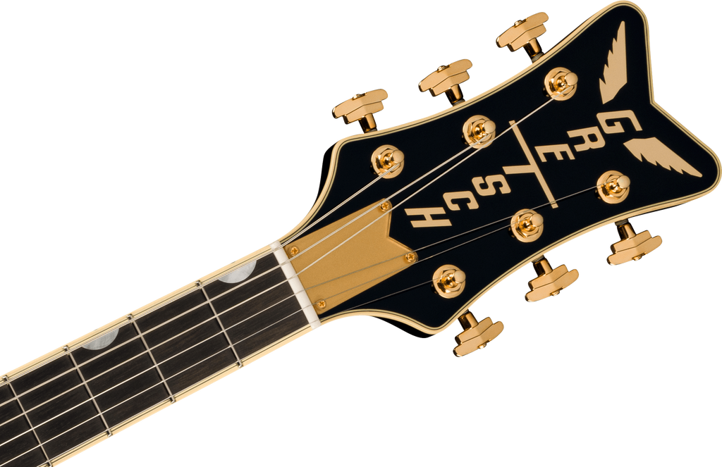 Gretsch G6134TG Limited Edition Penguin electric guitar in black paisley finish with chrome hardware and dual humbucker pickups.