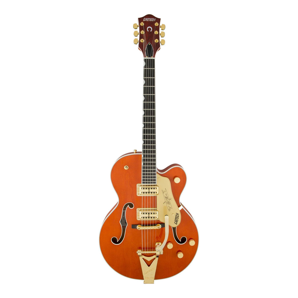 Gretsch G6120T Players Edition Nashville electric guitar in orange stain with chrome hardware and vintage-style pickups.
