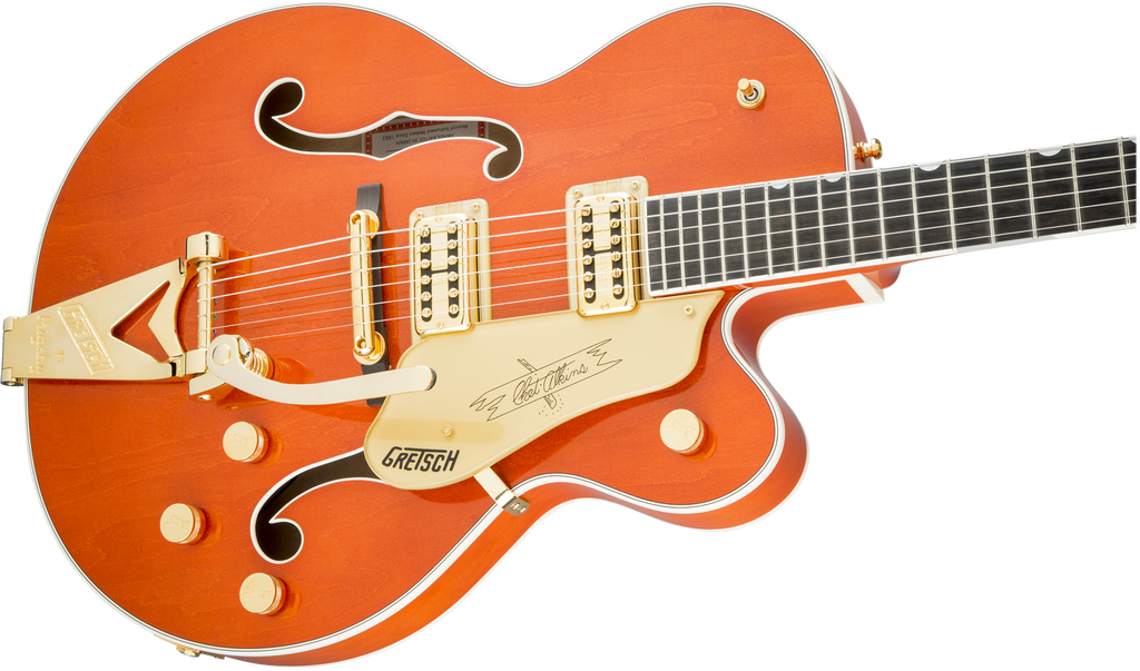Gretsch G6120T Players Edition Nashville electric guitar in orange stain with sunburst finish and vintage hardware.