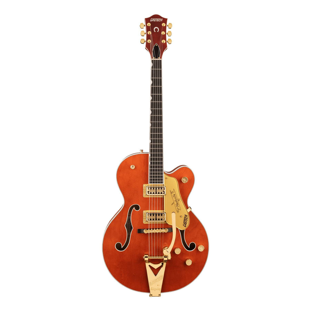 Gretsch G6120TG Players Edition Nashville hollow body electric guitar with Bigsby tremolo and gold hardware in orange stain finish.